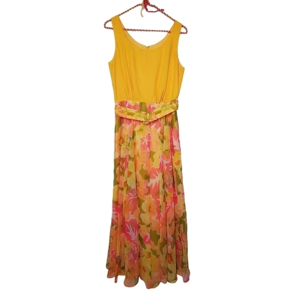 Vintage 1970s Jack Bryan Sleeveless Maxi Dress & Jacket Yellow Coral Green sz 12 - Picture 6 of 15